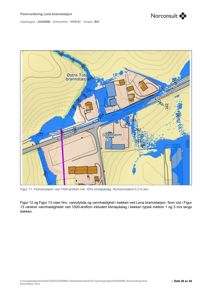 Et kart som viser en flomsituasjon (blå områder) over et område med bygninger og veier (Kolvvegen, Østre Toten brannstasjon).