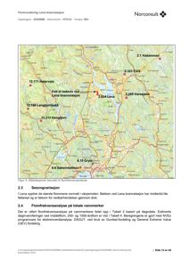 Et kart som viser et geografisk område med vassdrag, innsjøer og målestasjoner for en flomvurdering.