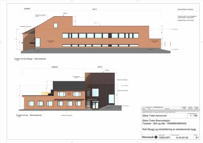 Fasadetegning som viser oppriss av bygningen sett fra øst og sør, med angivelse av eksisterende og nytt bygg.