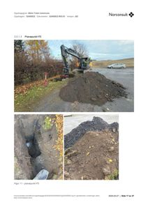 Fotografier av et geoteknisk prøvetakingspunkt (P3) med gravemaskin, utgravet hull og utgravd jord.