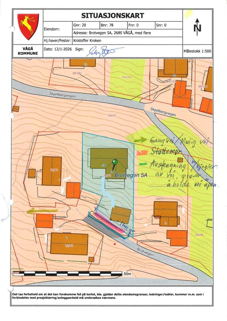 Situasjonskart for eiendommen Brofvegen 5A i Vågå kommune, som viser eiendomsgrenser, topografi og nabolag.