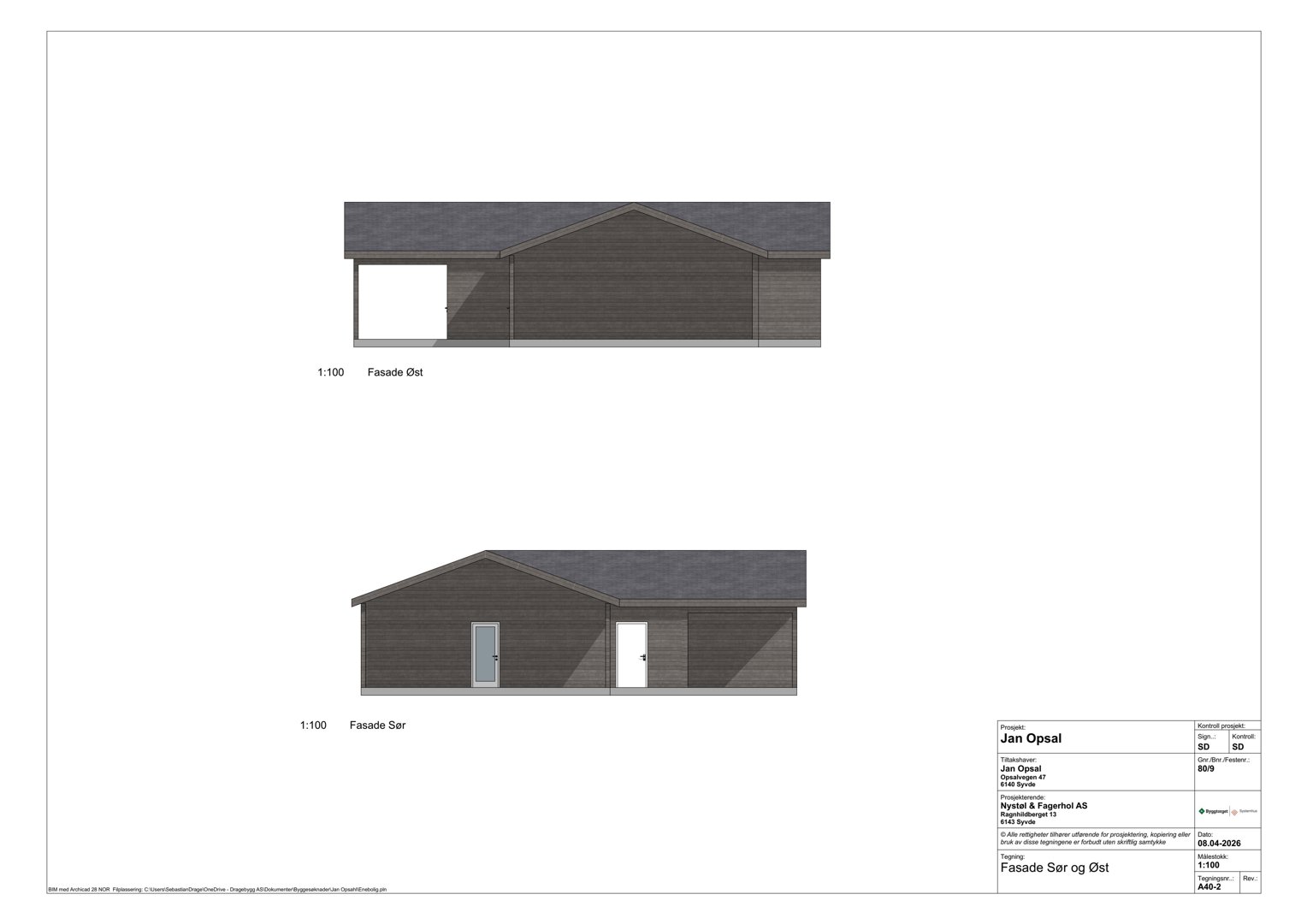 Fasadetegning som viser bygningens utseende fra øst og sør.