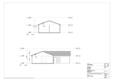 Snittegning (Snitt A og B) som viser tverrsnittet av en bygning med høydeangivelser og etasjer.