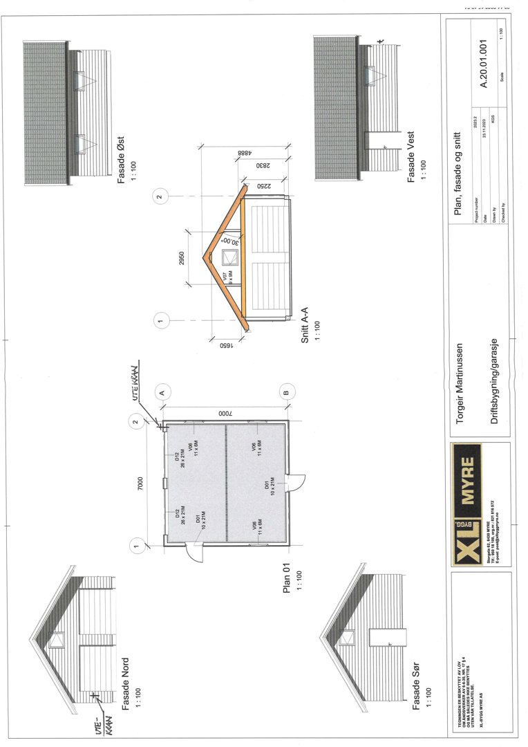 Tegning som viser fasadeoppsett (Nord, Sør, Øst, Vest) og et snitt (A-A) av en bygning.