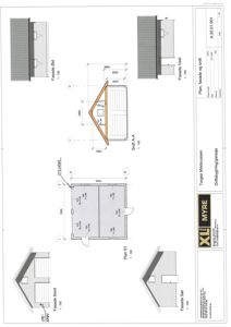 Tegning som viser fasadeoppsett (Nord, Sør, Øst, Vest) og et snitt (A-A) av en bygning.