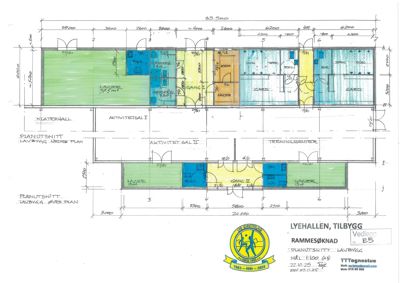 Plantegning (planutsnitt) av en bygning med romfordeling, dimensjoner og funksjonelle områder.