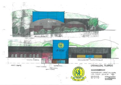 Fasadetegning som viser bygningens utseende fra ulike vinkler (mot vest og mot sør) med arkitektoniske detaljer og tekstbeskrivelser.