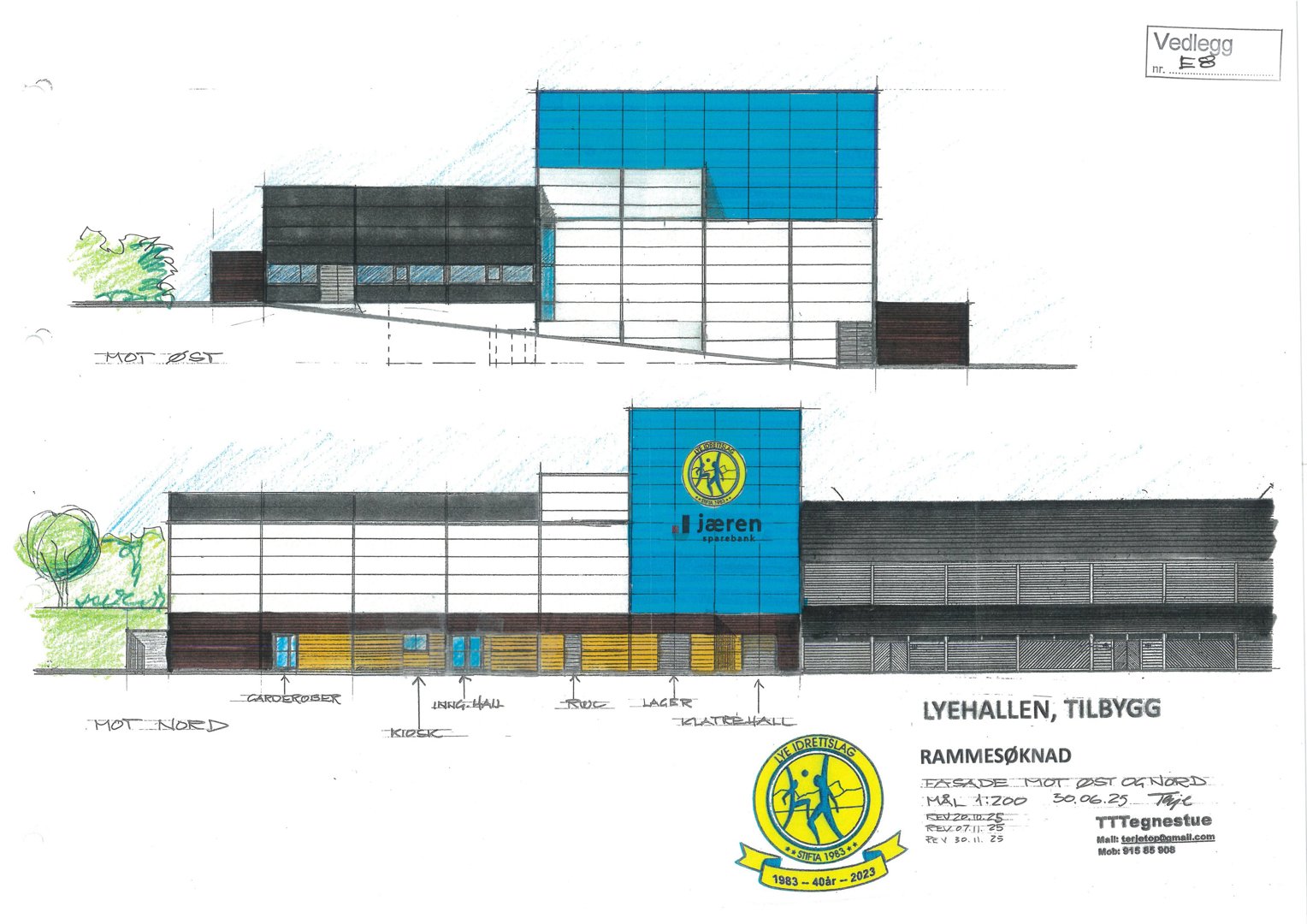 Fasadetegning av en bygning (Lyehallen) med to utsnitt: mot øst og mot nord. Tegningen viser fasadens utseende, materialer, vinduer og innganger.