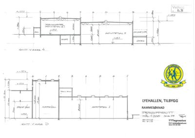 Prinsippsnitt (tverrsnitt) av en bygning (Lyehallen) som viser romfordeling, høyder og konstruksjon.