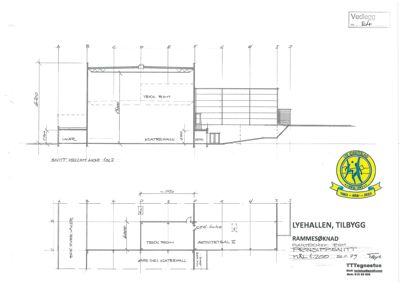 Tegning som viser et tverrsnitt (snitt) gjennom bygningen 'LYEHALLEN', med romfordeling og mål.