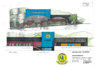 Fasadetegning som viser bygningens utseende fra vest og sør, inkludert fargevalg, materialer og innganger.