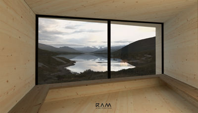3D-visualisering av et interiør med store vinduer mot en fjord og fjellandskap.