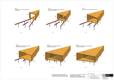 3D-visualisering av en bygning i ulike konstruksjonsfaser (LØFT 1 til LØFT 6), som viser hvordan elementene settes sammen.
