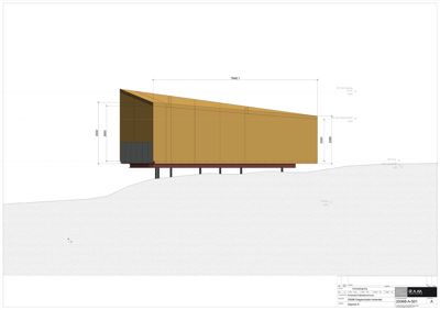 Snittegning som viser bygningens tverrsnitt, høyder, grunnmur og forhold til terreng.