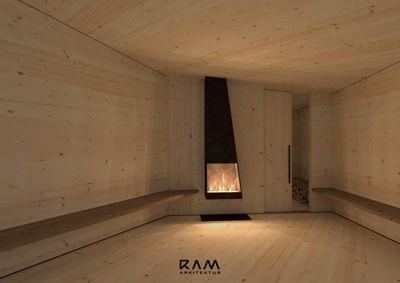 3D-visualisering av et rom med trepanel, peis og benker.