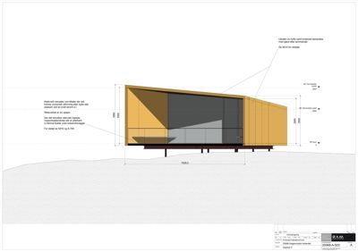 Fasadetegning som viser bygningens utside sett fra siden, med mål, materialbeskrivelser og detaljeringsreferanser.