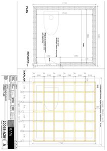 Tegning som viser detaljert konstruksjon av tak (takplan) og gulv (plan), inkludert dimensjoner på bjelker, panel og oppheng.