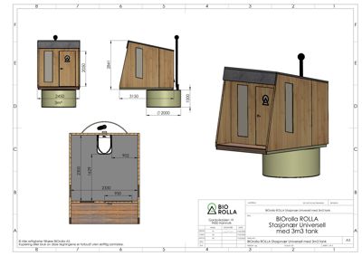 Tegning som viser en 3D-visualisering og 2D-snitt av en BioRolla-stasjon med mål og dimensjoner.