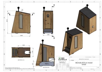 Tegning som viser detaljerte utsnitt (snitt A-A og B-B) og oppriss av en mobil badstue, inkludert mål på dører, vinduer og konstruksjon.