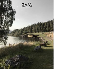 Fotografi av en eksisterende bygning ved vannet, sannsynligvis et basseng eller badeplass.