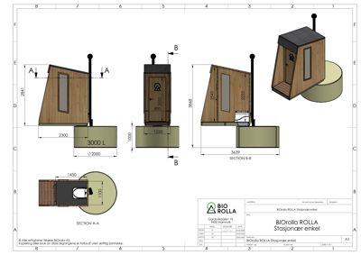 Snittegning (SECTION A-A og SECTION B-B) av en BioRolla stasjon, som viser tverrsnittet gjennom konstruksjonen med mål.