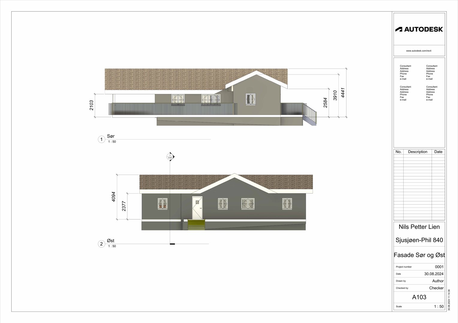 Fasadetegning som viser bygningens utseende fra sør og øst med mål og detaljer.