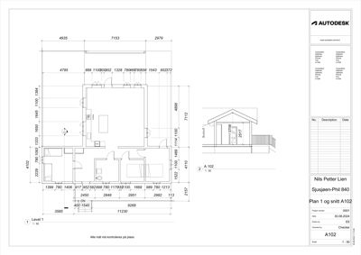 Etasjeplan (Level 1) med romfordeling, dører, vinduer og mål for et hus, samt en mindre fasade/snittvisning.