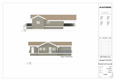 Fasadetegning som viser bygningens utseende sett fra nord og vest, inkludert detaljer om tak, vinduer og balkong.