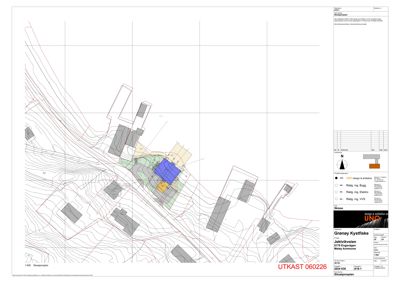 Situasjonsplan som viser tomtens beliggenhet i forhold til nabolaget, terrengforhold (konturlinjer), og plassering av eksisterende og planlagte bygninger.