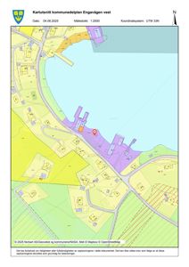 Et kart (kartutsnitt) som viser et område med bygningsplasseringer, vegnett og arealbruk.
