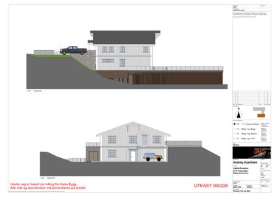 Fasadetegning som viser bygningens utseende fra to ulike vinkler (Sør og Øst), inkludert terrengforhold, vegghøyder og bilplassering for skala.