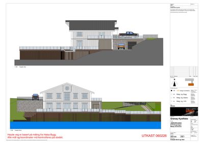 Fasadetegning som viser bygningens utseende fra nord og vest, inkludert detaljer om fasadematerialer, vinduer og terrengforhold.