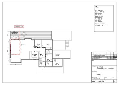 Etasjeplan (Plan 1) som viser romfordeling, arealer og veggkonstruksjoner for første etasje.