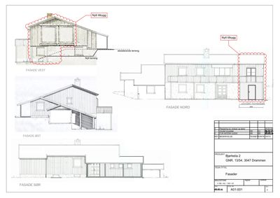 Fasadetegning som viser bygningens utseende fra fire sider (vest, nord, øst, sør) med merking av nytt tilbygg.
