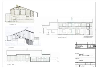 Tegning som viser fasadeoppsett for bygningen sett fra fire sider (Nord, Sør, Øst, Vest).