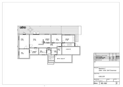 Etasjeplan eller kjellerplan med romfordeling og arealoppsett.