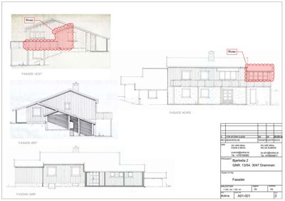 Bildet viser fasadetegninger for en bygning, med utsnitt av fasadene vest, nord, øst og sør.