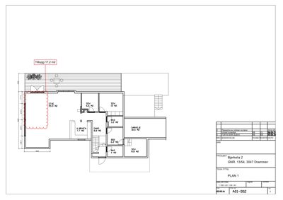 Etasjeplan (1. etasje) med romfordeling, mål og areal for Bjørkella 2.