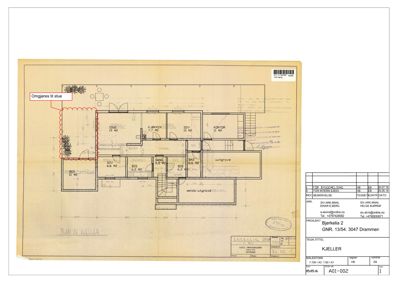Etasjeplan (plantegning) som viser romfordeling, arealer og veggkonstruksjoner for et hus.