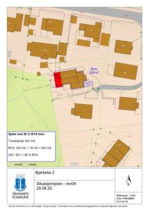 Situasjonsplan som viser tomt, naboeiendommer, veggrenser og bygningens plassering med BYA-oppsett.