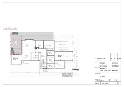 Etasjeplan (Plan 1) som viser romfordeling, arealer og veggkonstruksjoner for et hus.