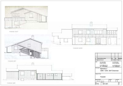 Bildet viser fire fasadetegninger (vest, nord, øst, sør) av en bygning, inkludert en håndtegning og tre arkitektoniske tegninger.
