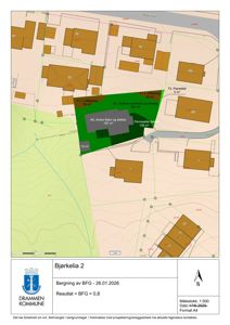 Situasjonsplan som viser tomtens beliggenhet i forhold til nabolag, vegger og andre areal. Planen inneholder også beregningsresultater for BFG (Bygningsfotavtrykk).
