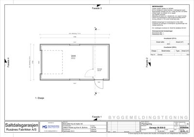 Etasjeplan (1. Etasje) med romfordeling, fasadeoppsett og arealopplysninger.