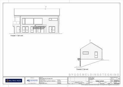 Fasadetegning som viser fronten (Sør-vest) og siden (Sør-øst) av en planlagt bygning.