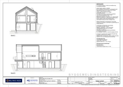 Byggemeldingstegning som viser snitt C og D av en bolig, med mål på høyder, romfordeling og konstruksjonsdetaljer.