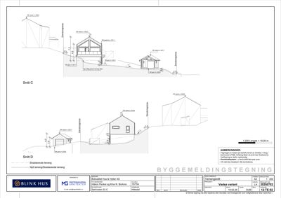 Snittegning (Snitt C og Snitt D) som viser tverrsnittet av bygningene i forhold til terrenget.