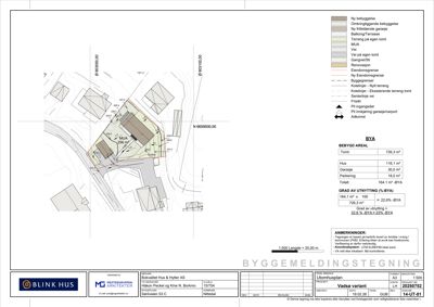 Situasjonsplan som viser tomtens grenser, bygningers plassering, veier og arealoppdeling.