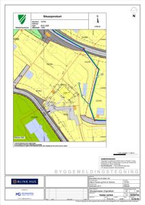 Situasjonskart som viser eiendomsgrenser, vegnett og naboeiendommer.