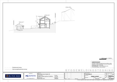 Snittegning som viser bygningens tverrsnitt, høyder og terrengforhold.